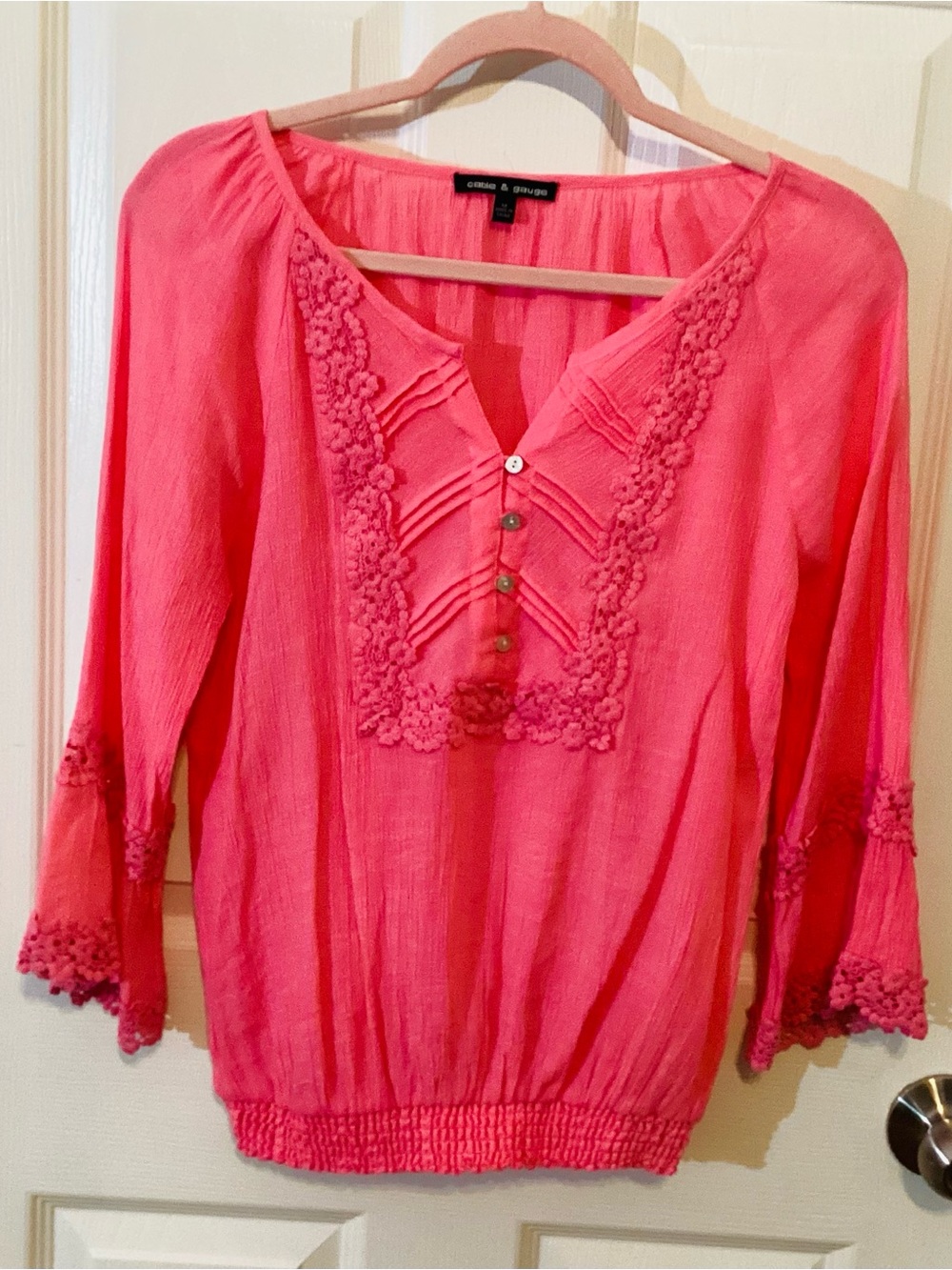 Cable & Gauge Coral Pink Embroidered Peasant Tunic